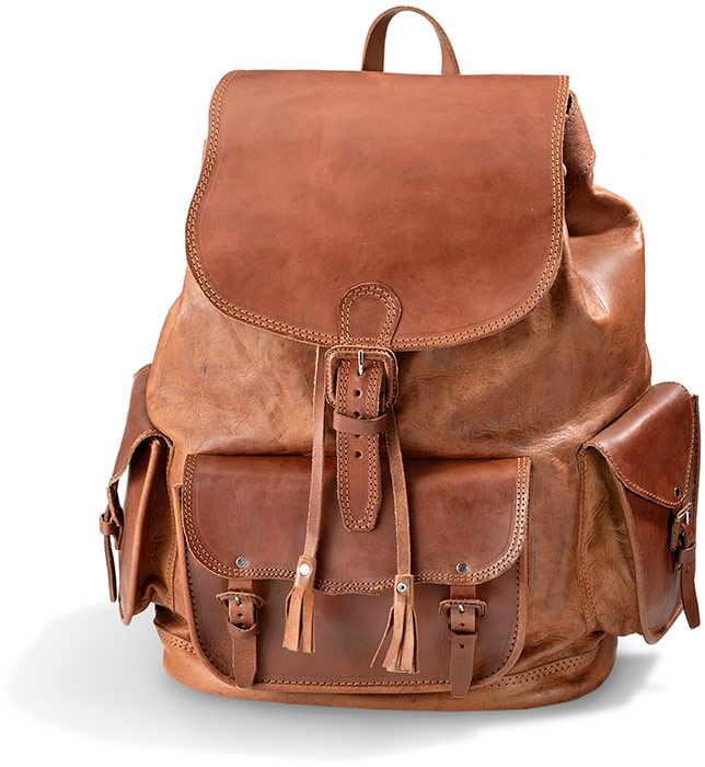 FULL-GRAIN TAN LEATHER BACKPACK - DISTRESSED VINTAGE LOOK - VEGETABLE TANNED LEATHER