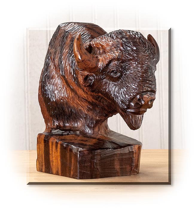 BISON HEAD IN DESERT IRONWOOD - AMERICAN BISON BUST - HANDCARVED - INCLUDES CERTIFICATE OF AUTHENTIC