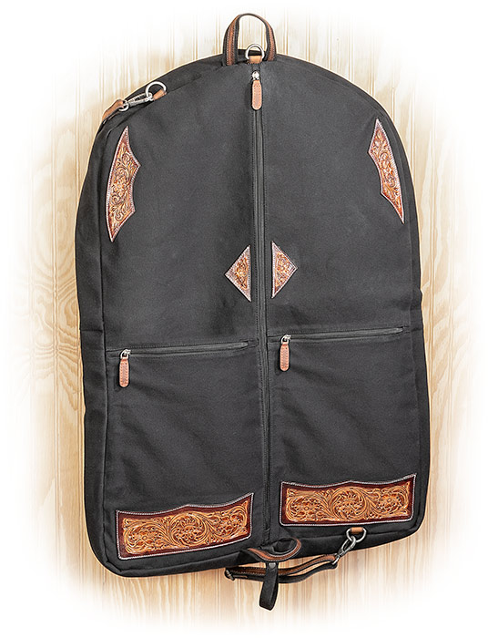 BLACK CANVAS GARMENT BAG - BROWN WESTERN FLORAL TOOLED LEATHER ACCENTS